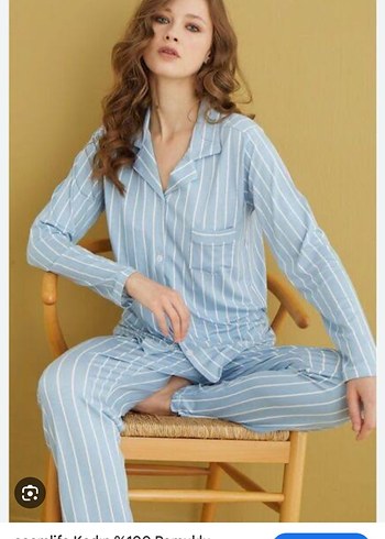 Mavi Çizgili Uzun Kollu Kadın Pijama Takımı