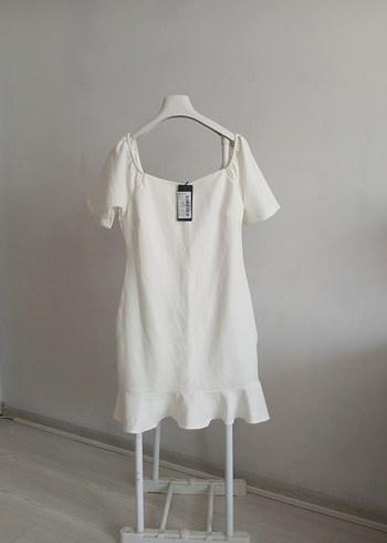 Ekru Mini Elbise, Kısa Kollu, Salaş Kesim