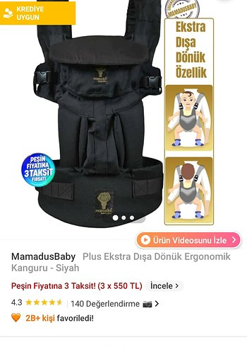 Beden MamaduBaby Siyah Ergonomik Ekstra Dışa Dönük Kanguru
