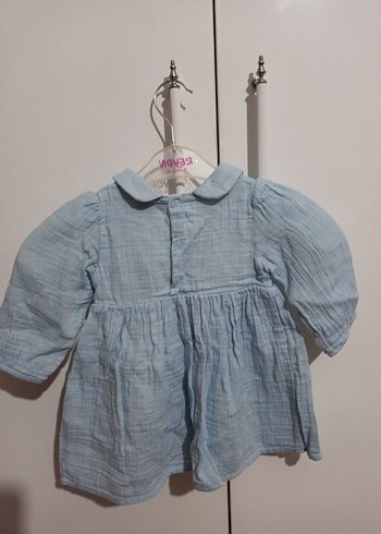 Kız Çocuk Mavi Keten Gömlek Yaka Elbise - Görsel 3