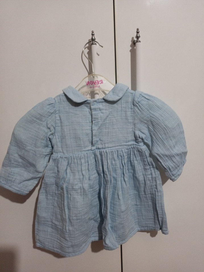 Kız Çocuk Mavi Keten Gömlek Yaka Elbise - Görsel 3