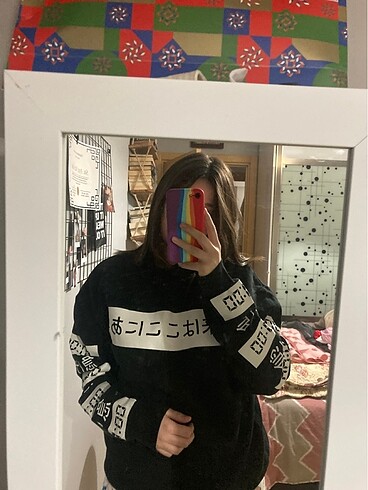 H&M Japon kelime baskılı siyah sweatshirt