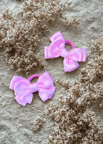 Pembe ince saten 2li fiyonk lastik toka - Görsel 4