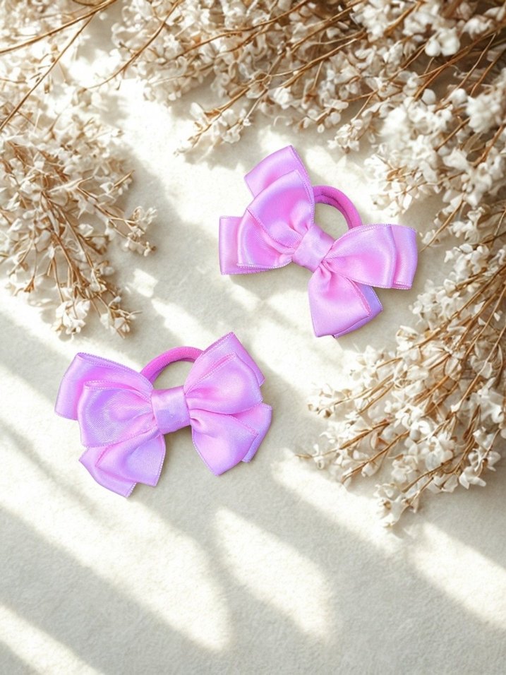 Pembe ince saten 2li fiyonk lastik toka - Görsel 3