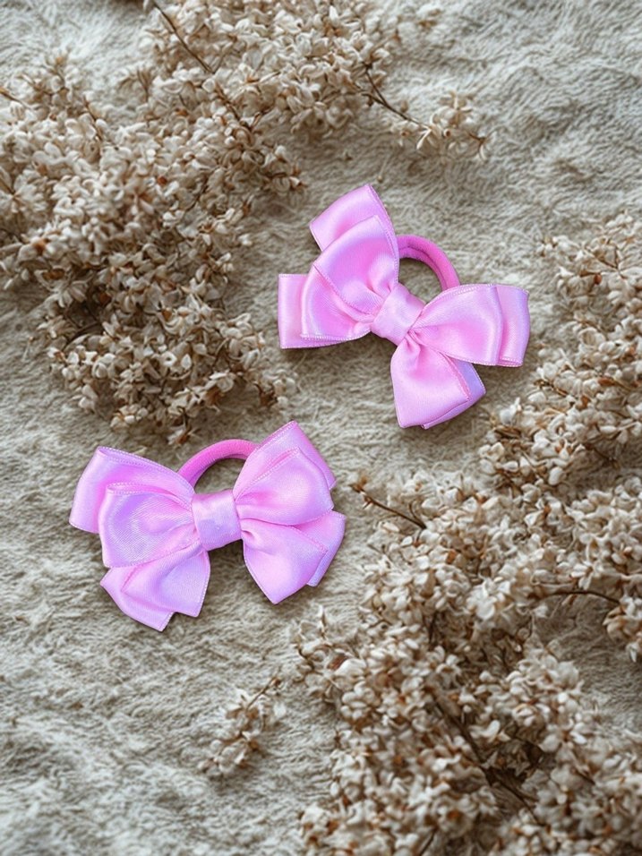 Pembe ince saten 2li fiyonk lastik toka - Görsel 4