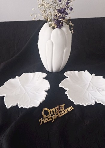 Beyaz Seramik Kaktüs Vazo ve Yaprak Tabaklar - Görsel 2