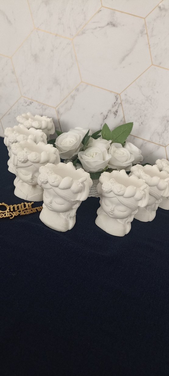 Beyaz Çiçekli Kafalı Biblo saksı Seti - Görsel 2