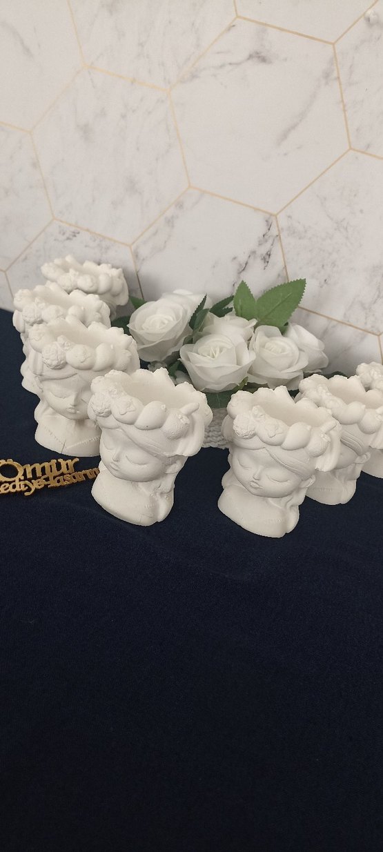 Beyaz Çiçekli Kafalı Biblo saksı Seti - Görsel 3