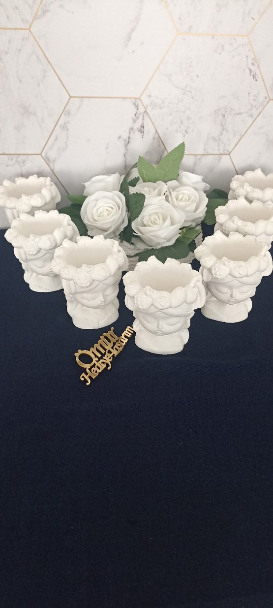 Beyaz Çiçekli Kafalı Biblo saksı Seti - Görsel 4