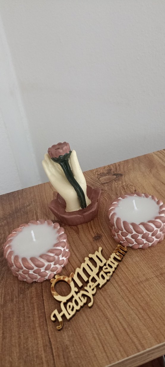 Bej Dekoratif Mum ve Mumluk Seti - Görsel 2