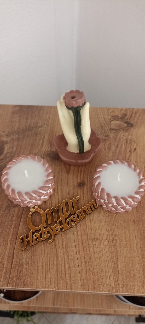 Bej Dekoratif Mum ve Mumluk Seti - Görsel 3