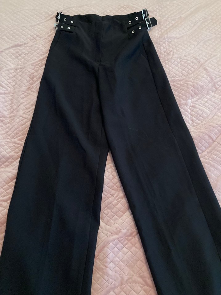 Kemer Detaylı Siyah Midi Kumaş Kadın Pantolon - Görsel 4