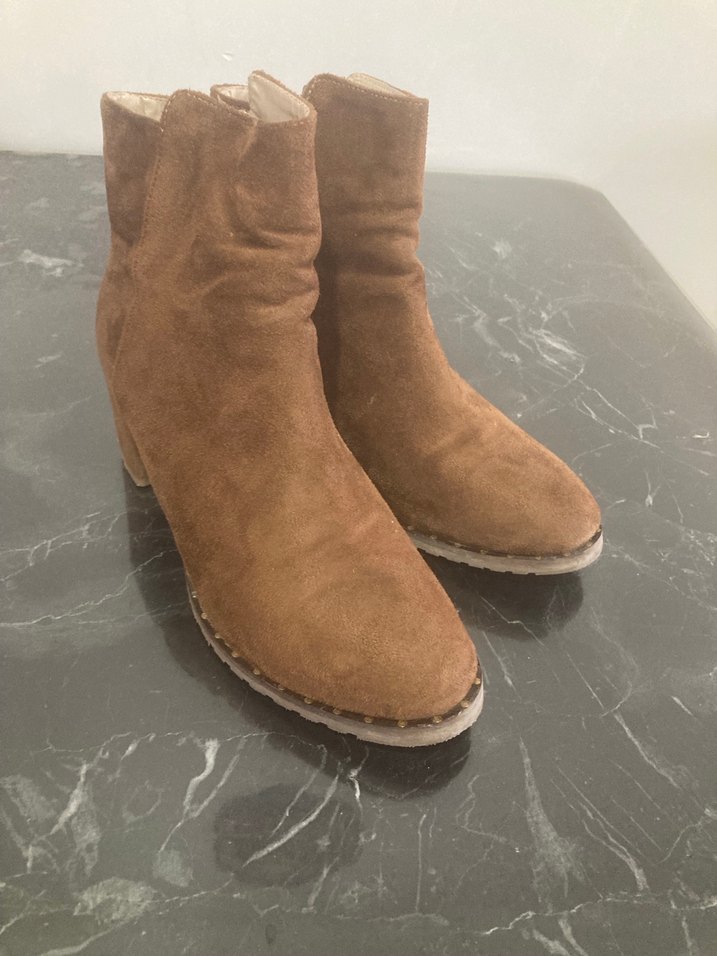 Kahverengi Süet Kadın Bot, Kalın Topuklu - Görsel 4