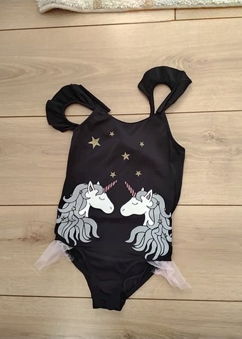 Kız Çocuk Siyah Unicorn Desenli Mayo