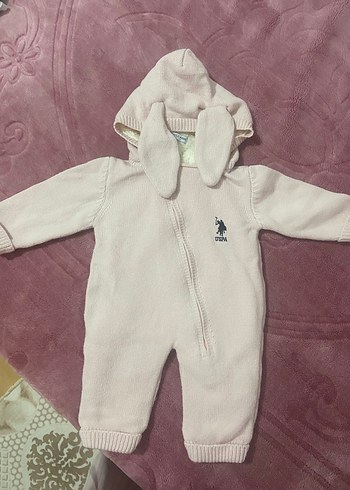 Pembe Örgü Bebek Kız Tulumu Kulaklı Kapüşon