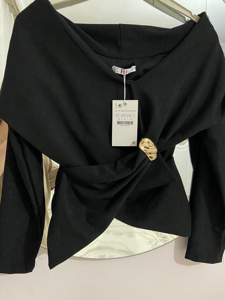 Düğmeli Siyah Kadın Keten Bluz - Görsel 2