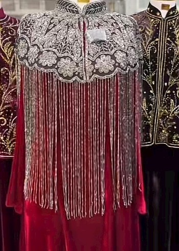 Bordo Nakışlı Püsküllü Uzun Kol Elbise - Görsel 7