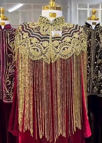 Bordo Nakışlı Püsküllü Uzun Kol Elbise - Görsel 2