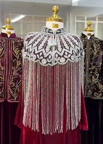 Bordo Nakışlı Püsküllü Uzun Kol Elbise - Görsel 5