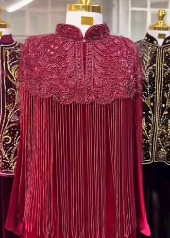 Bordo Nakışlı Püsküllü Uzun Kol Elbise - Görsel 6