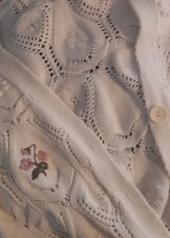 Nakışlı Beyaz Kısa Kollu Örgü Hırka - Görsel 3