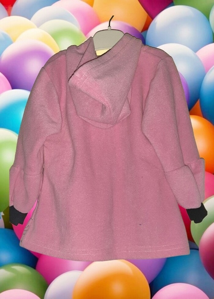 KAPŞONLU-TAŞ  İŞLEMELİ PEMBE KADİFE PALTO/ 3 YAŞ - Görsel 2