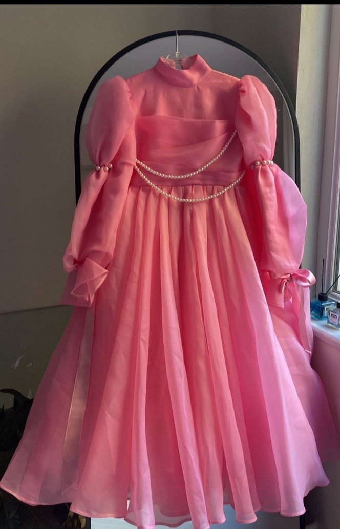 Pembe Uzun Drapeli Kadın Abiye Elbise - Görsel 3