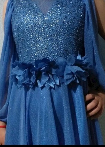 Mavi V Yaka Nakışlı Uzun Abiye Elbise - Görsel 2