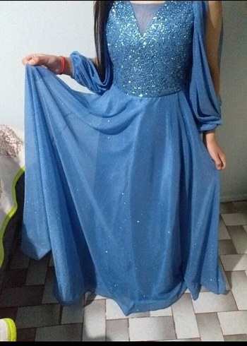 Mavi V Yaka Nakışlı Uzun Abiye Elbise - Görsel 6