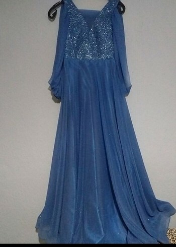 Mavi V Yaka Nakışlı Uzun Abiye Elbise - Görsel 5