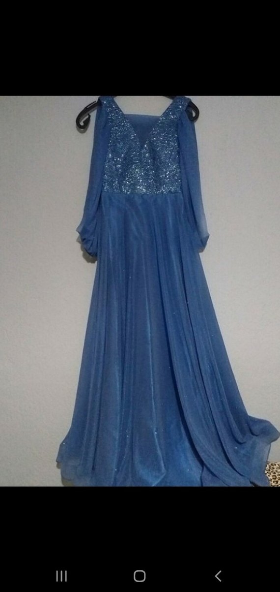 Mavi V Yaka Nakışlı Uzun Abiye Elbise - Görsel 5