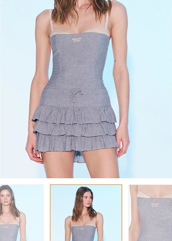 Gri Mini Denim Elbise Katlı Fırfırlı