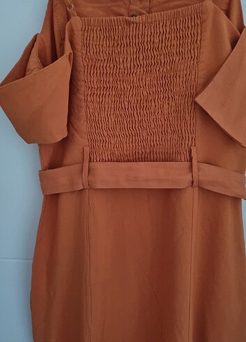 38 Beden turuncu Renk Yırtmaç Detaylı Kiremit Elbise