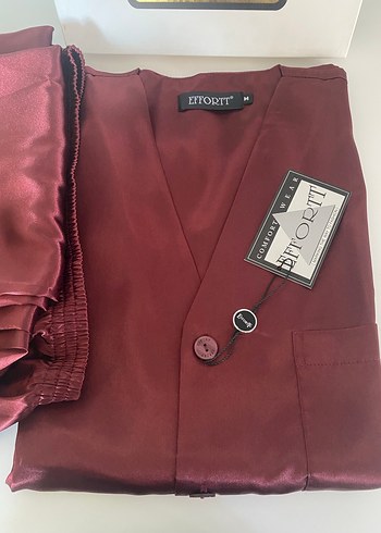 Erkek Bordo ve gri Kısa Kollu Düğmeli pijama takımı - Görsel 2