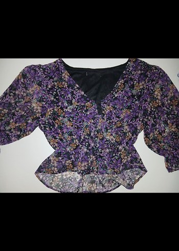 Mor Desenli Kadın Bluz, Uzun Kollu, Mini - Görsel 3