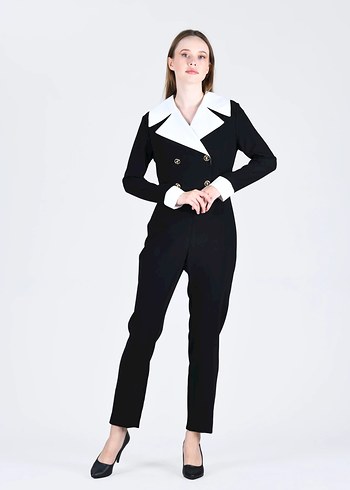 Siyah Kadın Uzun Tulum, Düğmeli, Normal Boy - Görsel 2