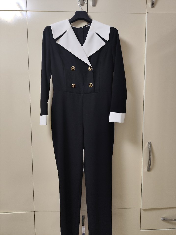 Siyah Kadın Uzun Tulum, Düğmeli, Normal Boy - Görsel 4