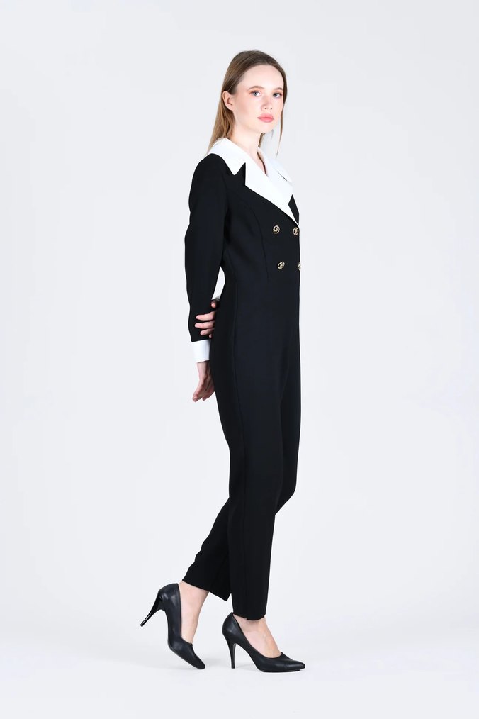 Siyah Kadın Uzun Tulum, Düğmeli, Normal Boy - Görsel 3