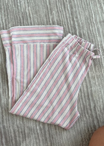 Zara Pembe Çizgili Midi Keten Bol Pantolon