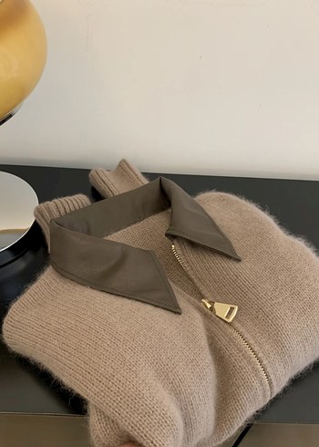 Yakası deri detaylı hırka - Görsel 5