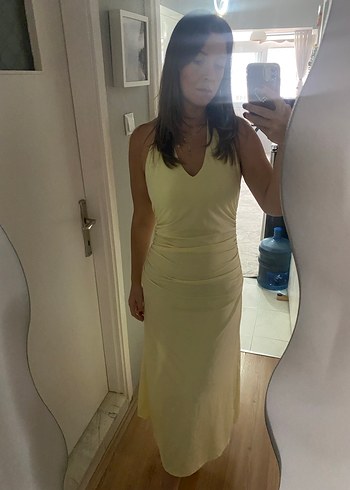 Zara Sarı V Yaka Midi Kadın Elbise