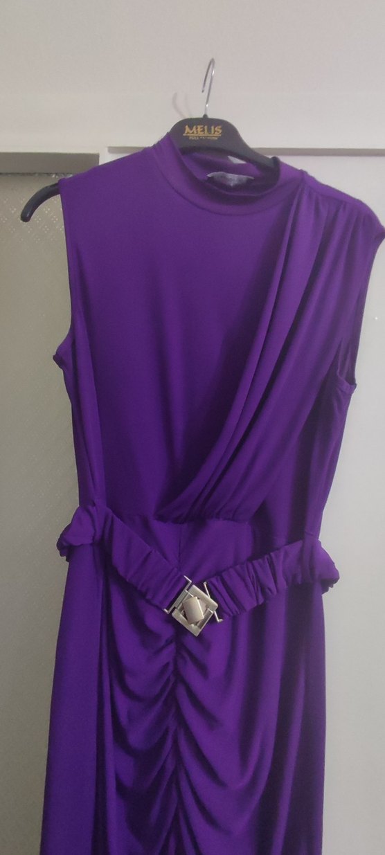 Mor Drapeli Uzun Kolsuz Elbise - Görsel 3