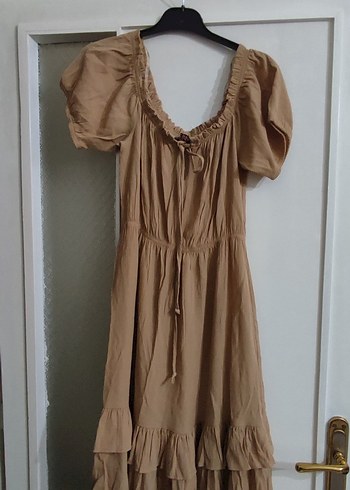 Bej Midi Keten Bohem Elbise - Görsel 2