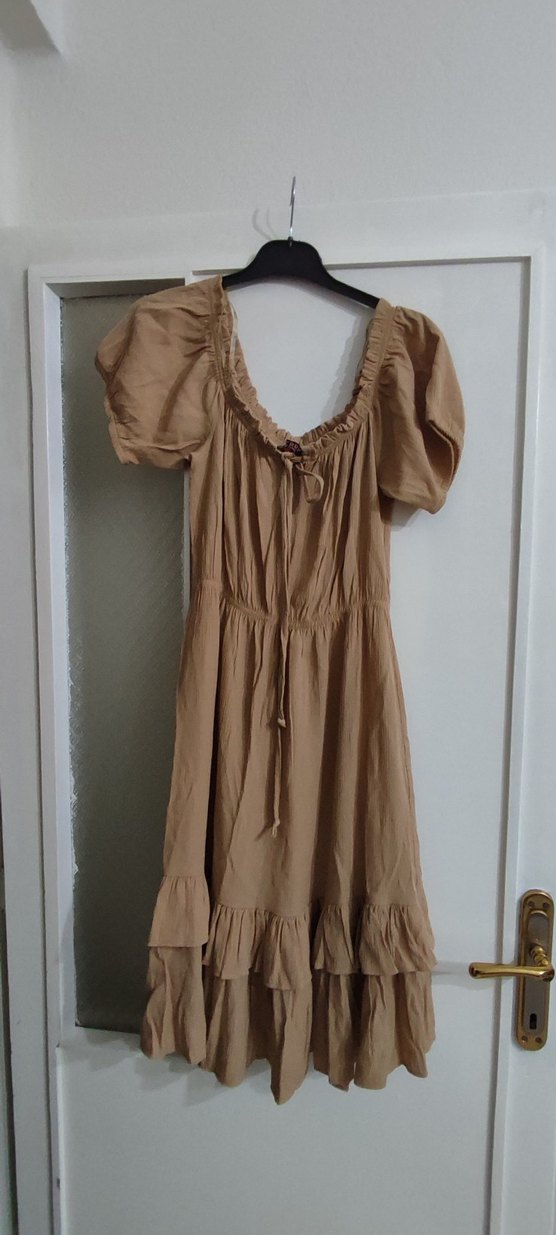 Bej Midi Keten Bohem Elbise - Görsel 2