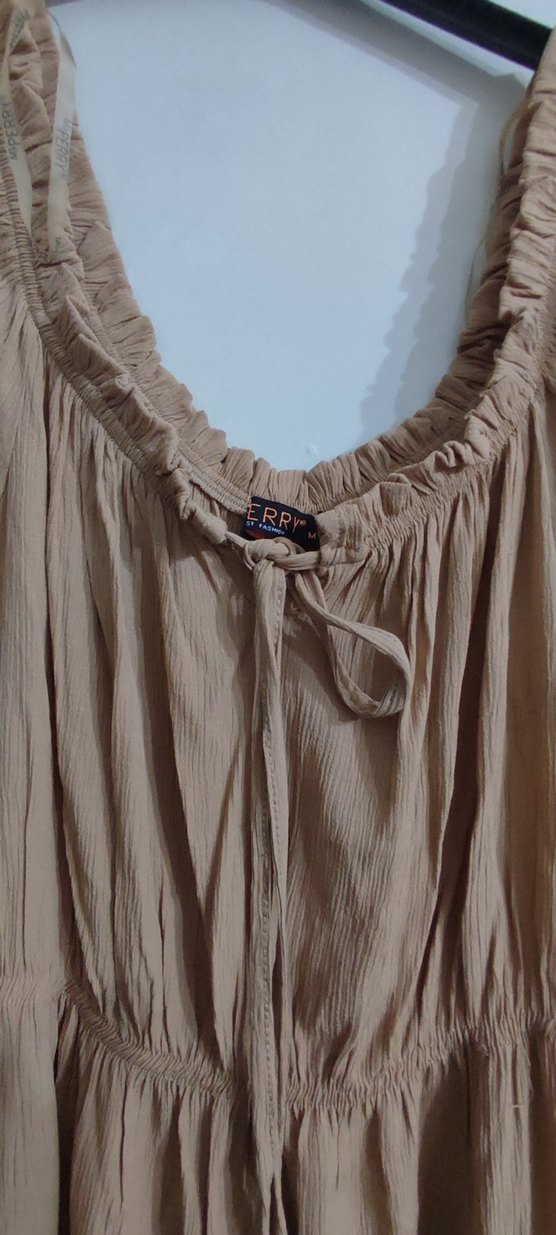 Bej Midi Keten Bohem Elbise - Görsel 3