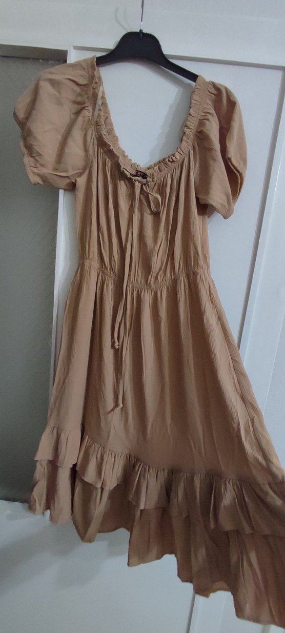 Bej Midi Keten Bohem Elbise - Görsel 4