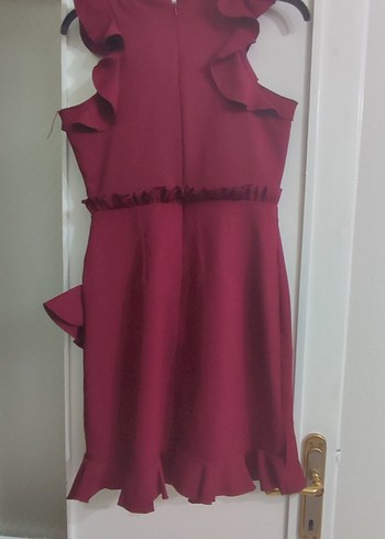 Bordo Fırfırlı Midi Abiye Elbise - Görsel 5