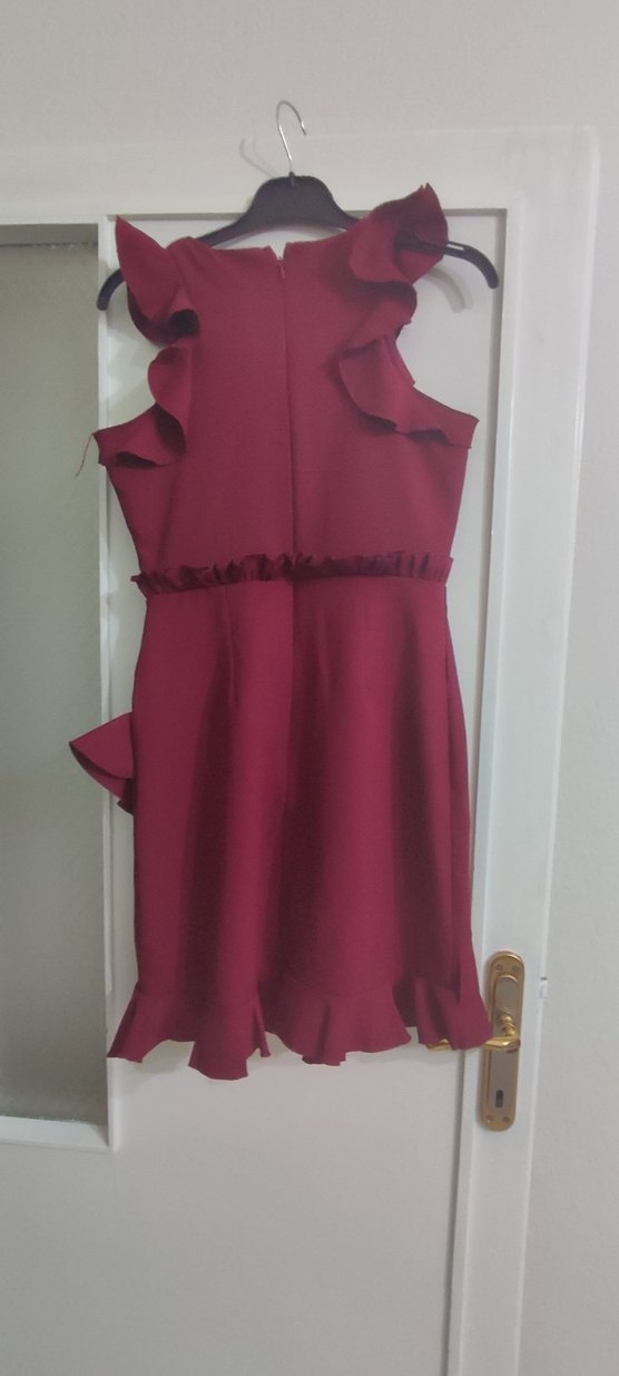 Bordo Fırfırlı Midi Abiye Elbise - Görsel 5