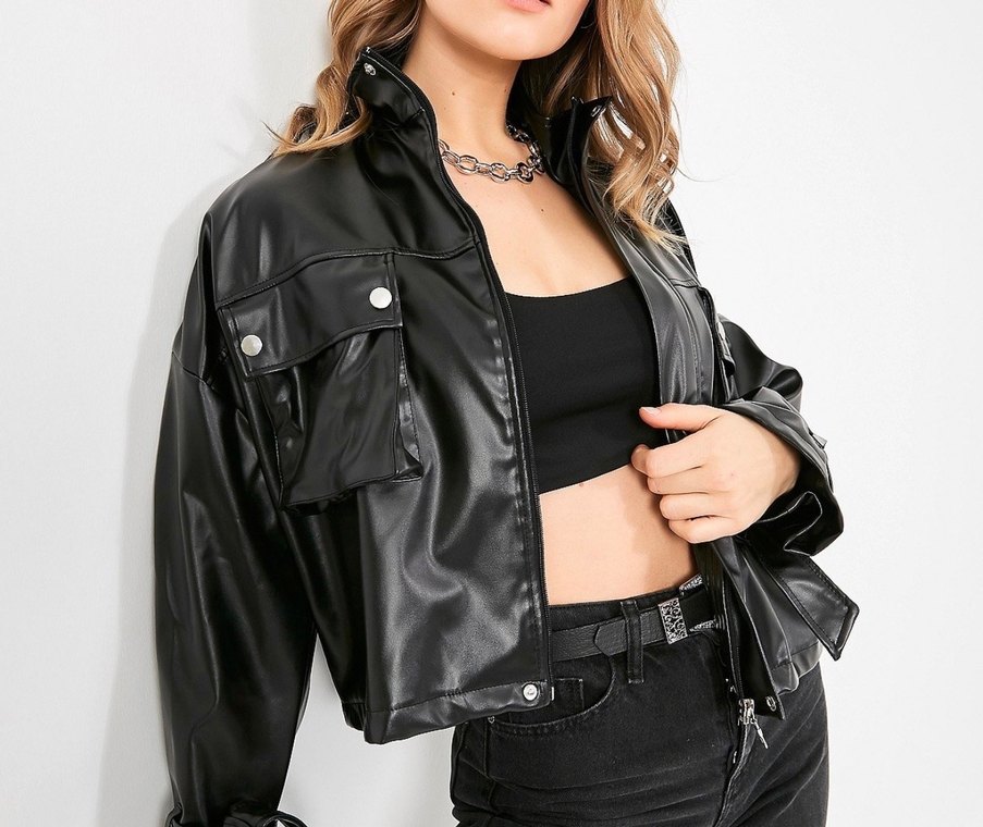 Siyah  Kadın deri Ceket - Görsel 3