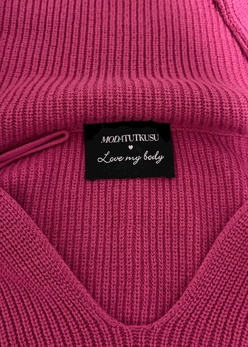 Pembe V Yakalı Örgü Kadın Kazak - Görsel 3